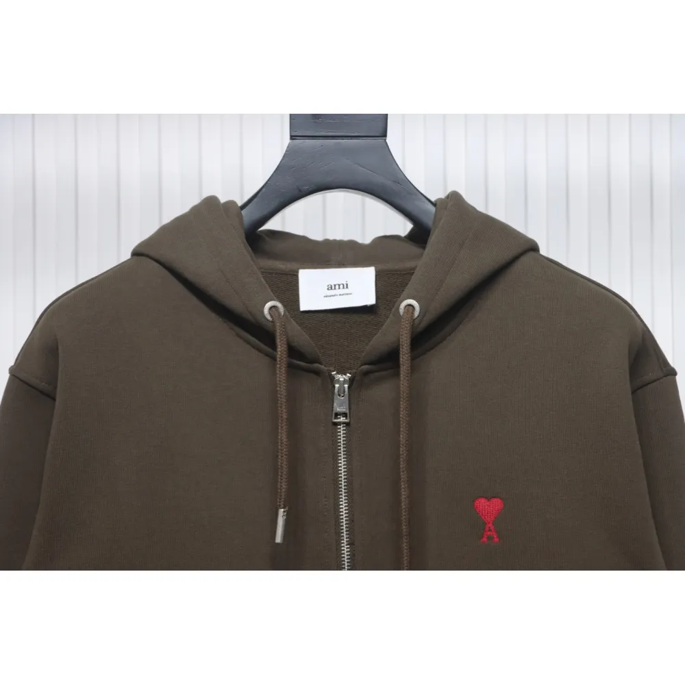 AMI Paris 24Fw Small Heart Logo Embroidered Hooded Jacket Dark Brown