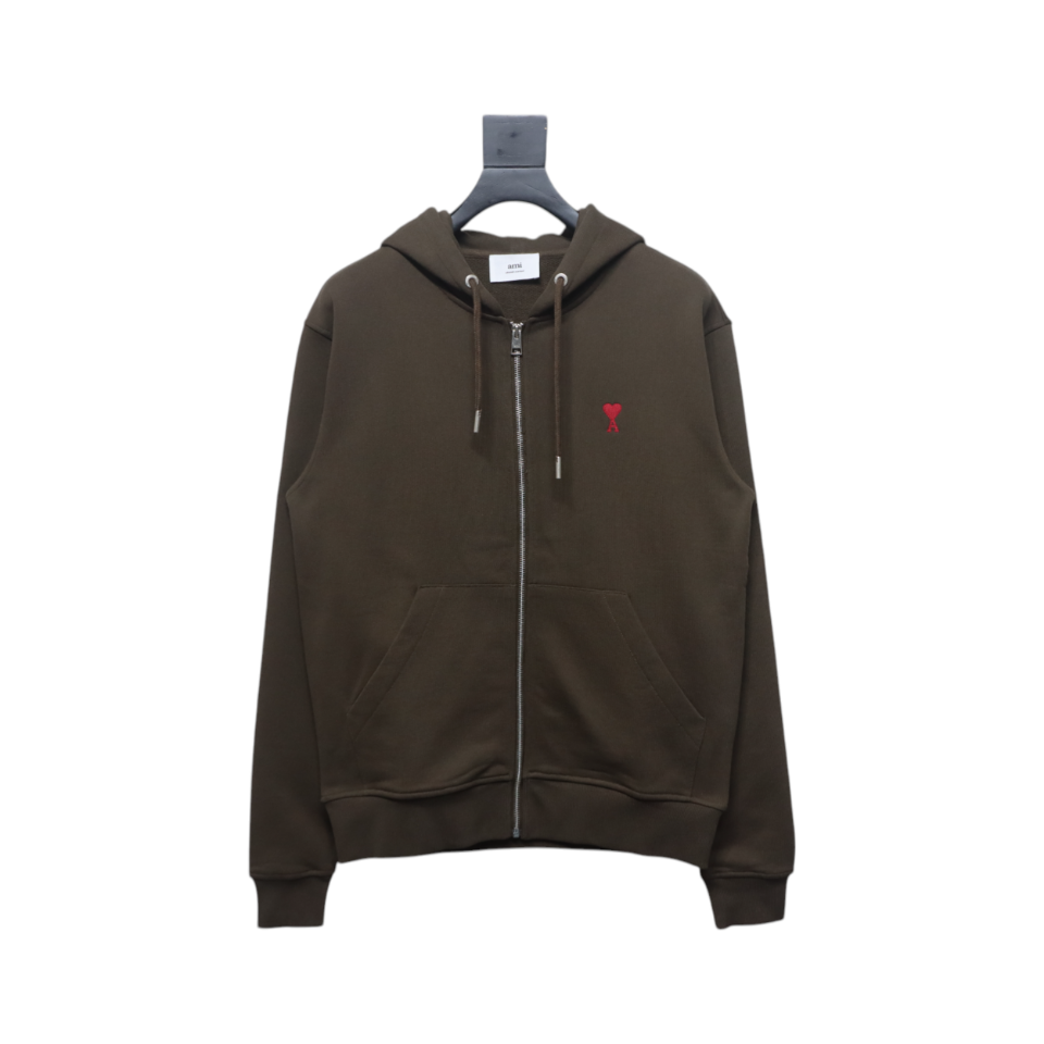 AMI Paris 24Fw Small Heart Logo Embroidered Hooded Jacket Dark Brown