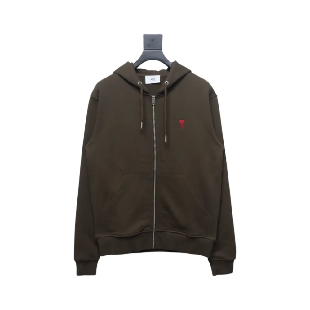 AMI Paris 24Fw Small Heart Logo Embroidered Hooded Jacket Dark Brown