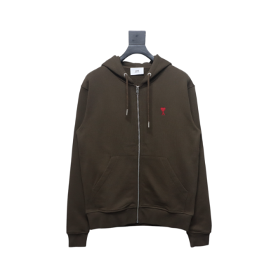 AMI Paris 24Fw Small Heart Logo Embroidered Hooded Jacket Dark Brown 01