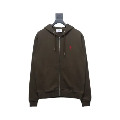 AMI Paris 24Fw Small Heart Logo Embroidered Hooded Jacket Dark Brown 01