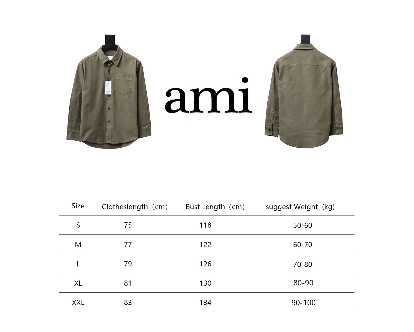 AMI Paris Pocket Heart Solid Color Long Sleeve Shirt Brown