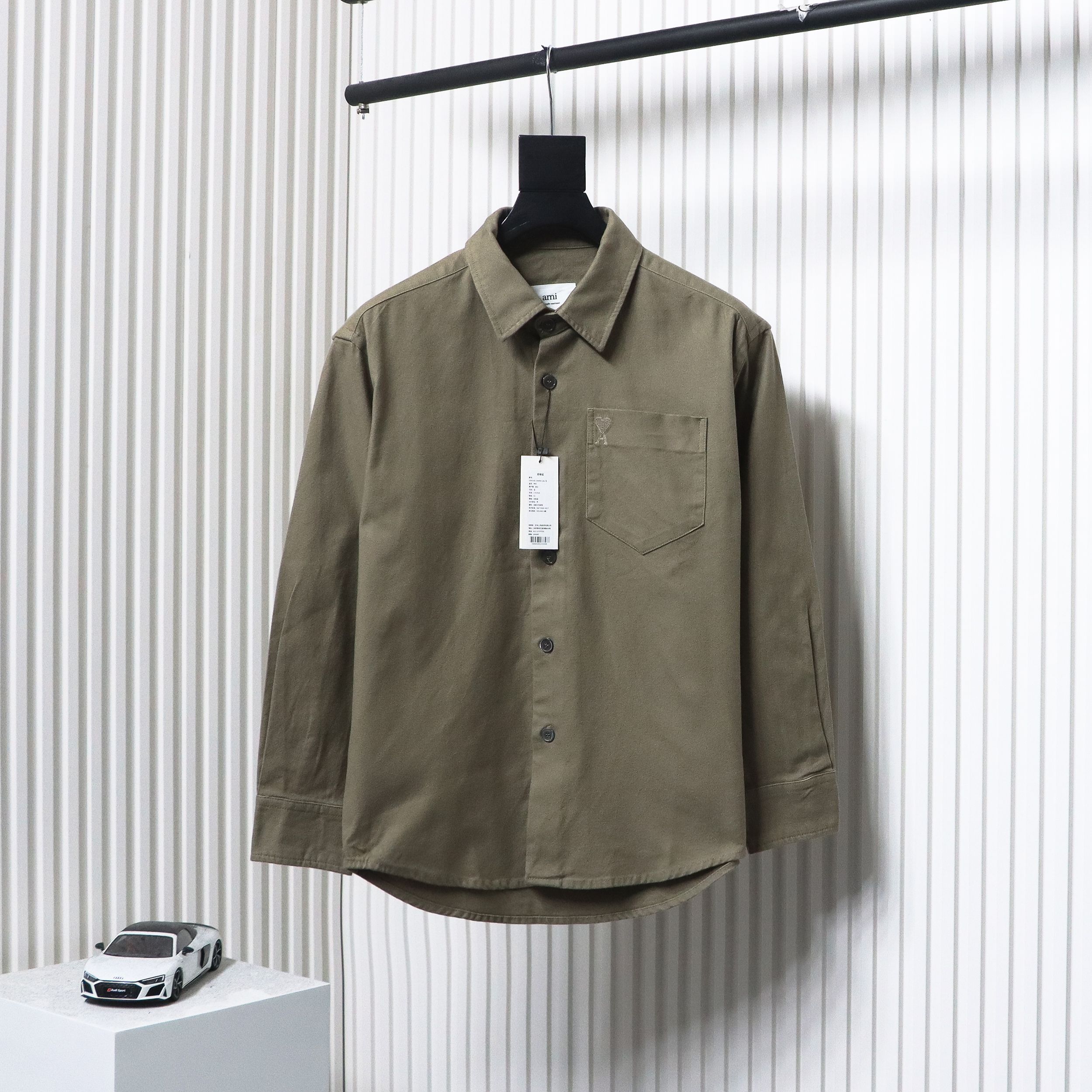 AMI Paris Pocket Heart Solid Color Long Sleeve Shirt Brown