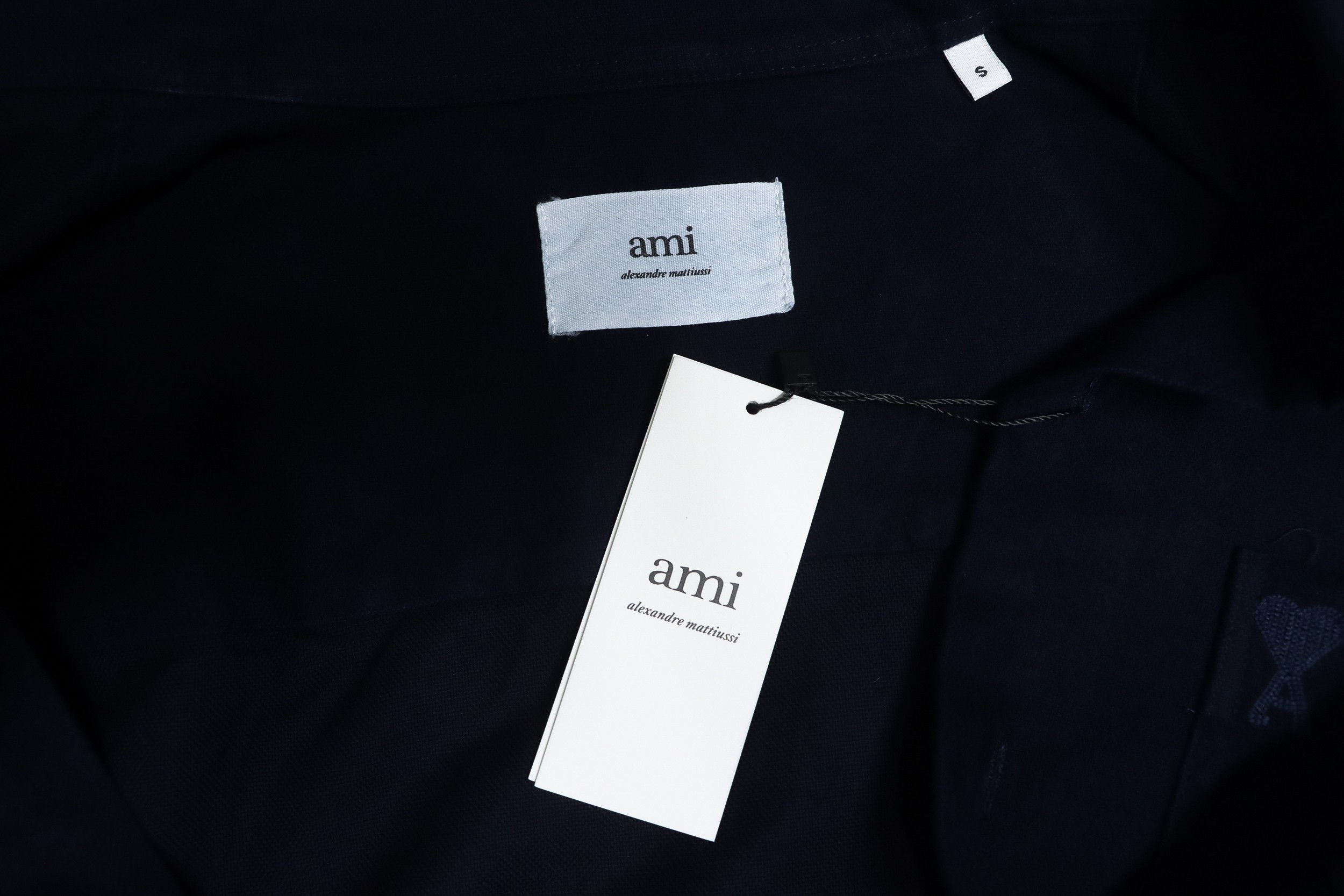AMI Paris Pocket Heart Solid Color Long Sleeve Shirt Dark Blue