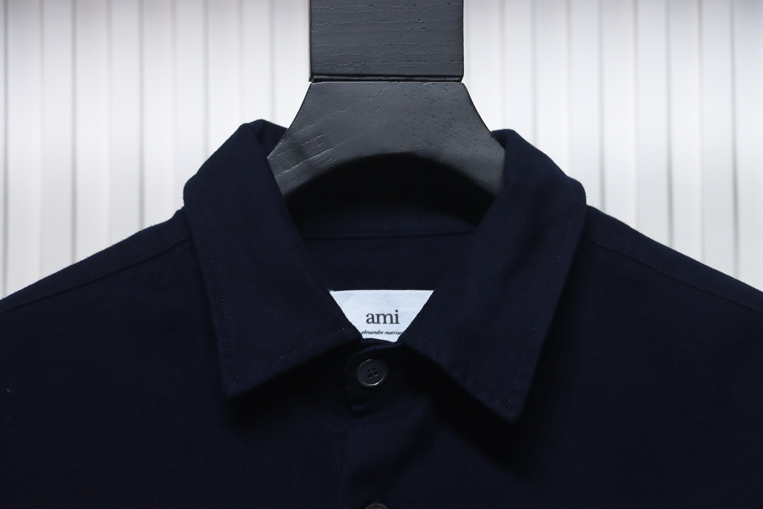 AMI Paris Pocket Heart Solid Color Long Sleeve Shirt Dark Blue