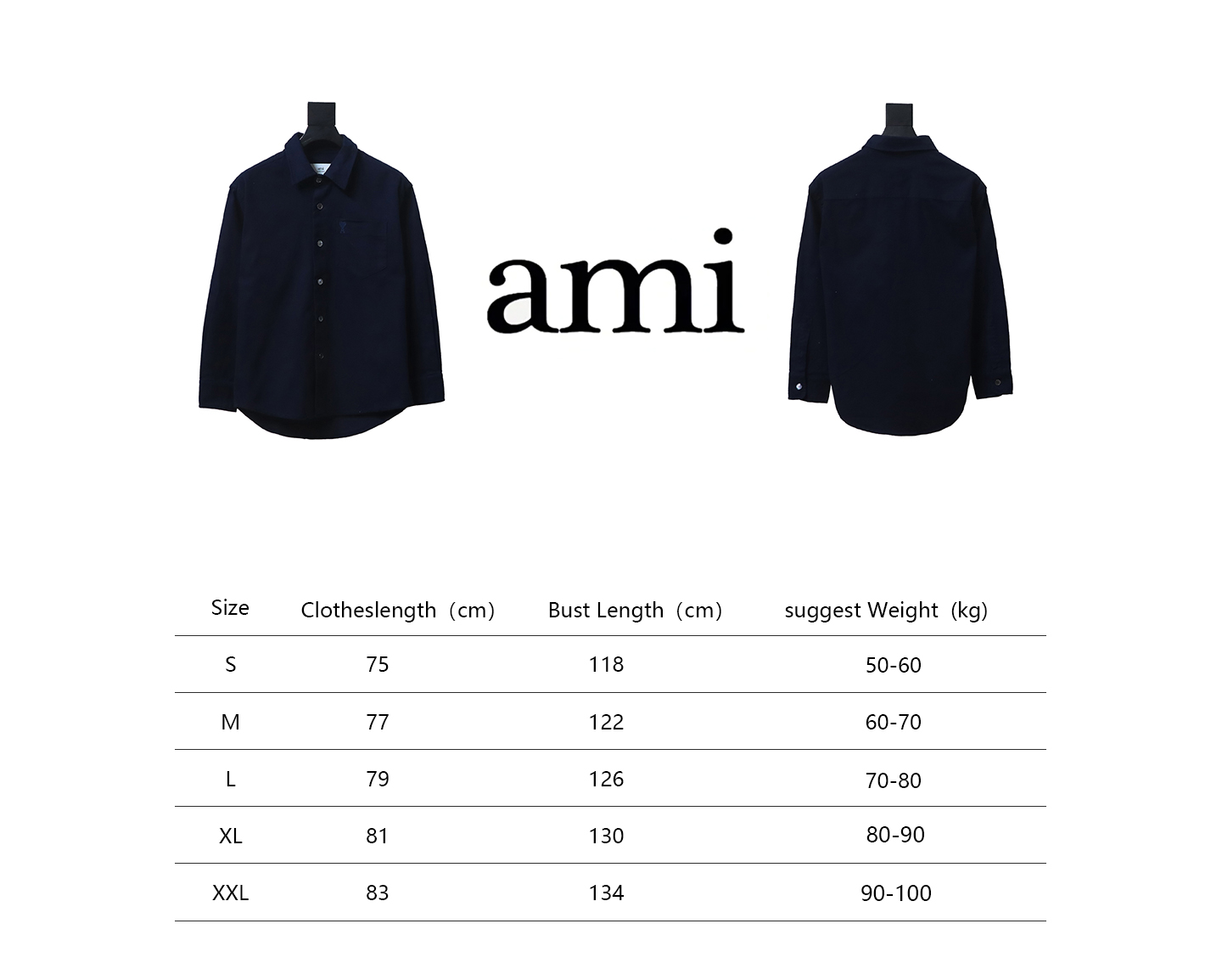 AMI Paris Pocket Heart Solid Color Long Sleeve Shirt Dark Blue