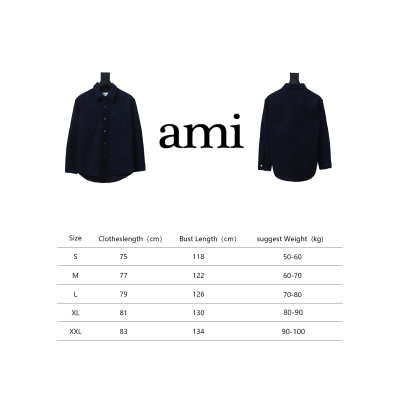 AMI Paris Pocket Heart Solid Color Long Sleeve Shirt Dark Blue 02