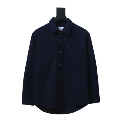 AMI Paris Pocket Heart Solid Color Long Sleeve Shirt Dark Blue 01