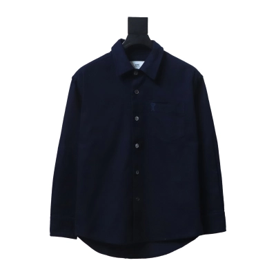 AMI Paris Pocket Heart Solid Color Long Sleeve Shirt Dark Blue 01