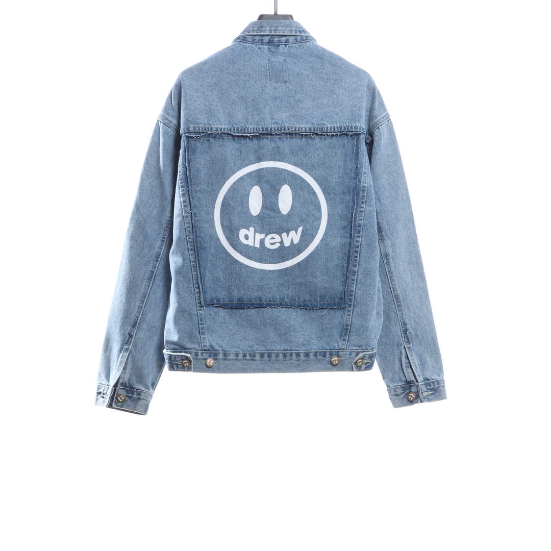 DREW Smiley Face Washed Distressed Denim Jacket