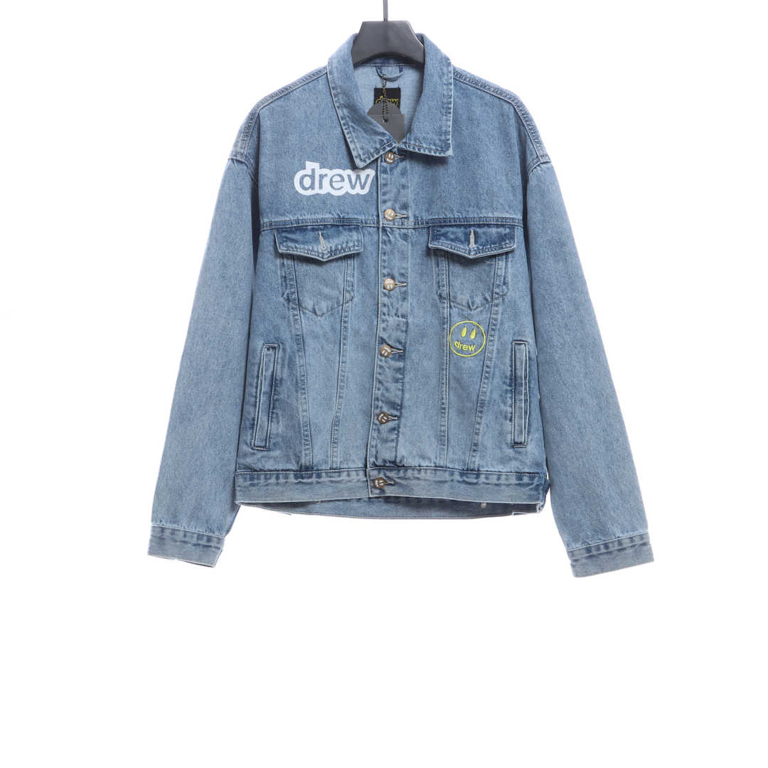 DREW Smiley Face Washed Distressed Denim Jacket