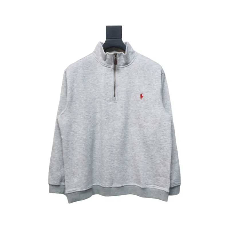 Ralph Lauren Embroidered Small Logo Half-Zip Brushed Hoodie Grey