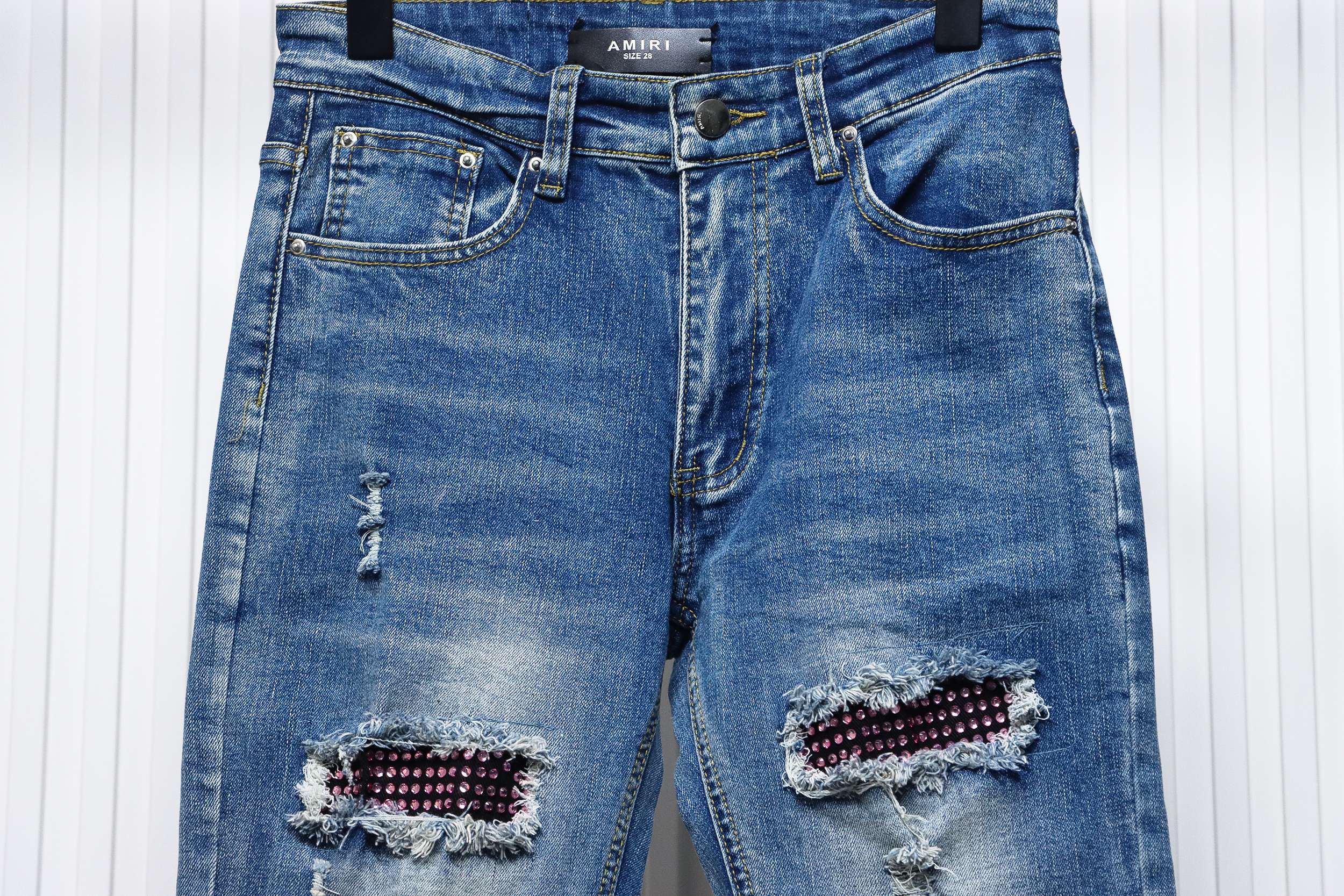 AMIRI MX1 Pink Diamond Washed Ripped Denim Pants