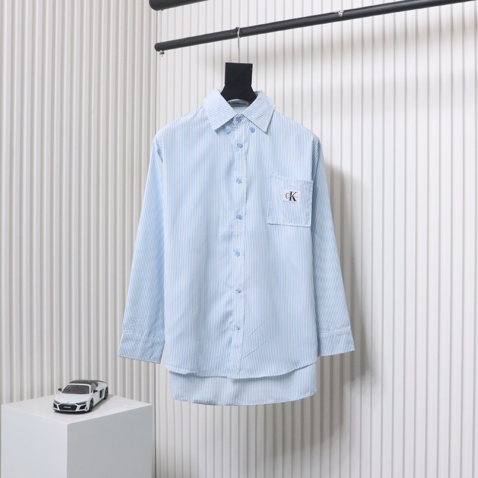 Calvin Klein Ck Fabric Label Pocket Casual Loose Long Sleeve Shirt Blue