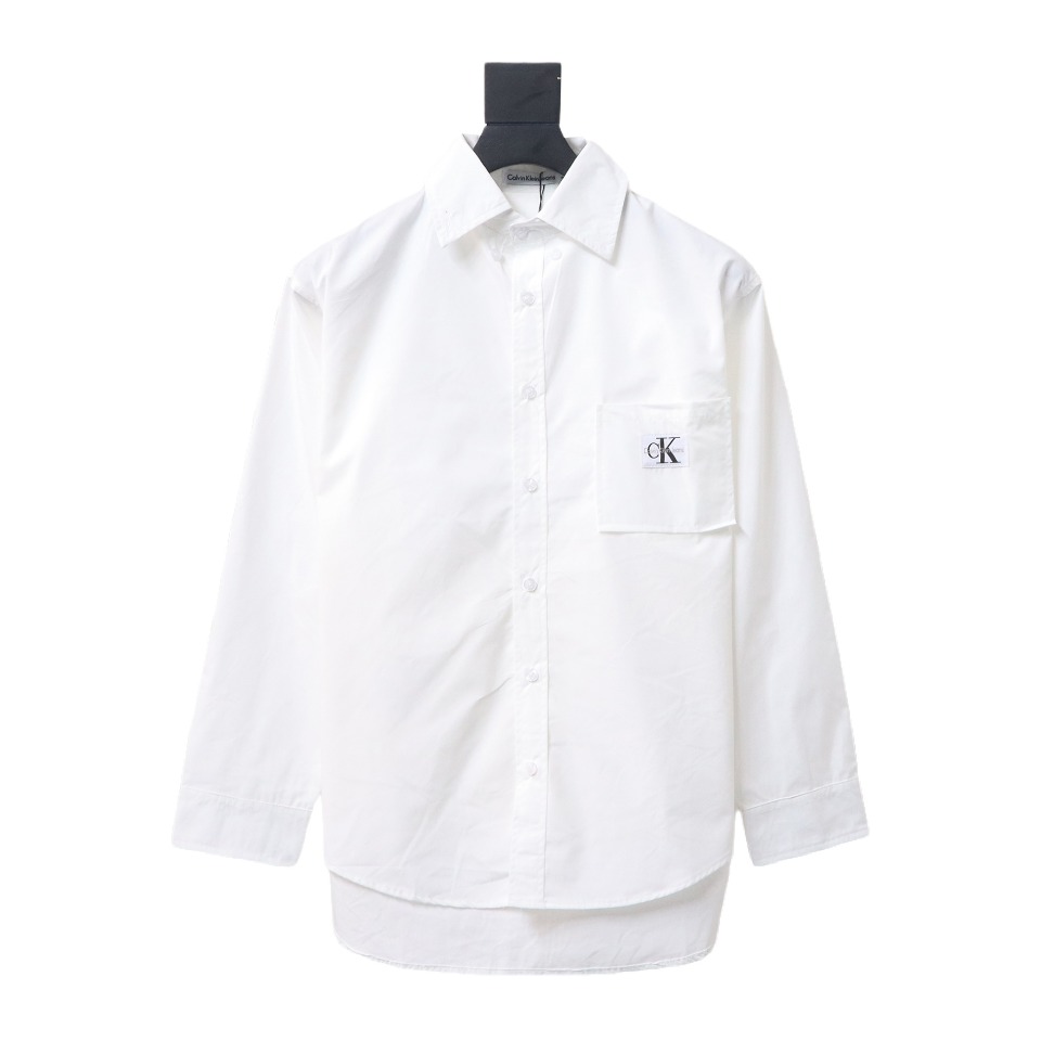 Calvin Klein Ck Fabric Label Pocket Casual Loose Long Sleeve Shirt White