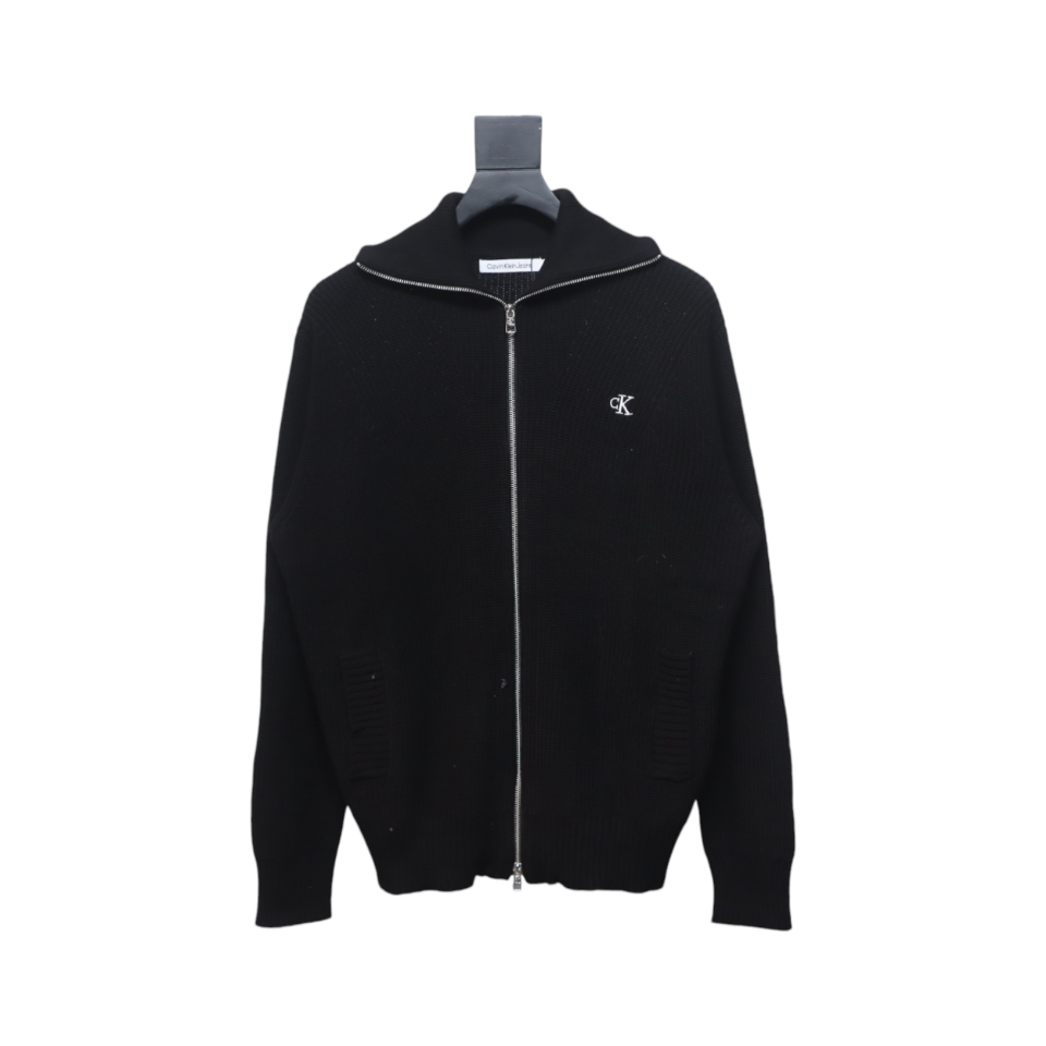 Calvin Klein CK Logo Embroidered Knitted Zip-Up Jacket Black