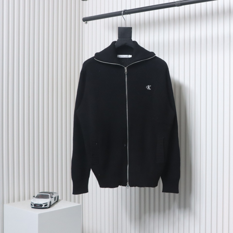 Calvin Klein CK Logo Embroidered Knitted Zip-Up Jacket Black
