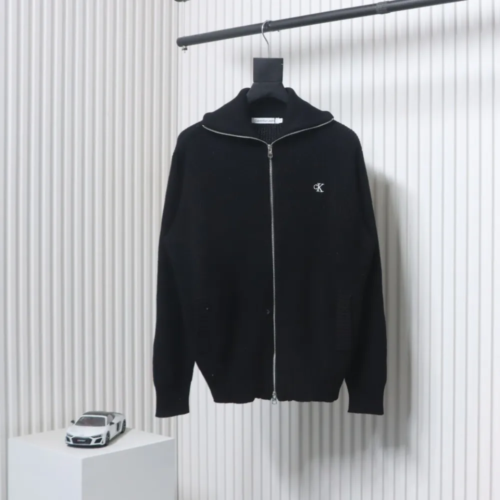 Calvin Klein CK Logo Embroidered Knitted Zip-Up Jacket Black