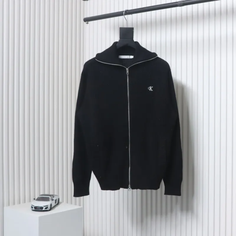 Calvin Klein CK Logo Embroidered Knitted Zip-Up Jacket Black