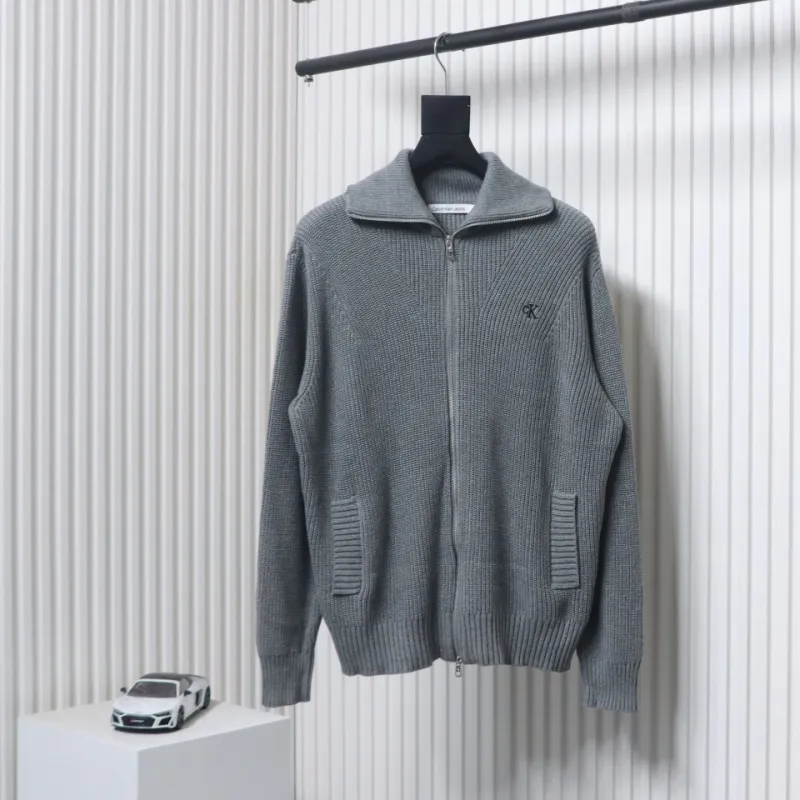Calvin Klein CK Logo Embroidered Knitted Zip-Up Jacket Grey