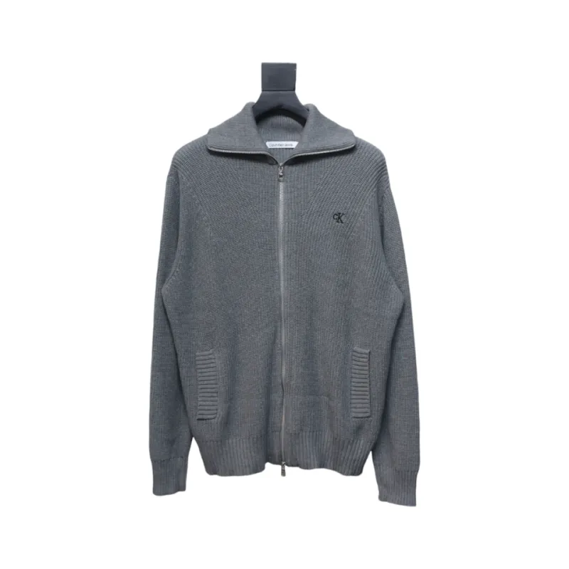 Calvin Klein CK Logo Embroidered Knitted Zip-Up Jacket Grey