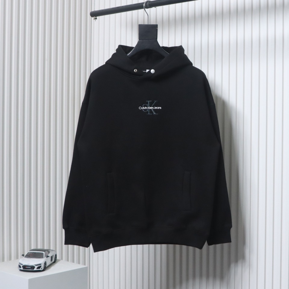 Calvin Klein Small Logo Embroidered Letters Button Hooded Hoodie Black