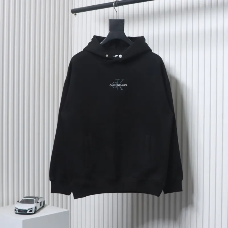 Calvin Klein Small Logo Embroidered Letters Button Hooded Hoodie Black