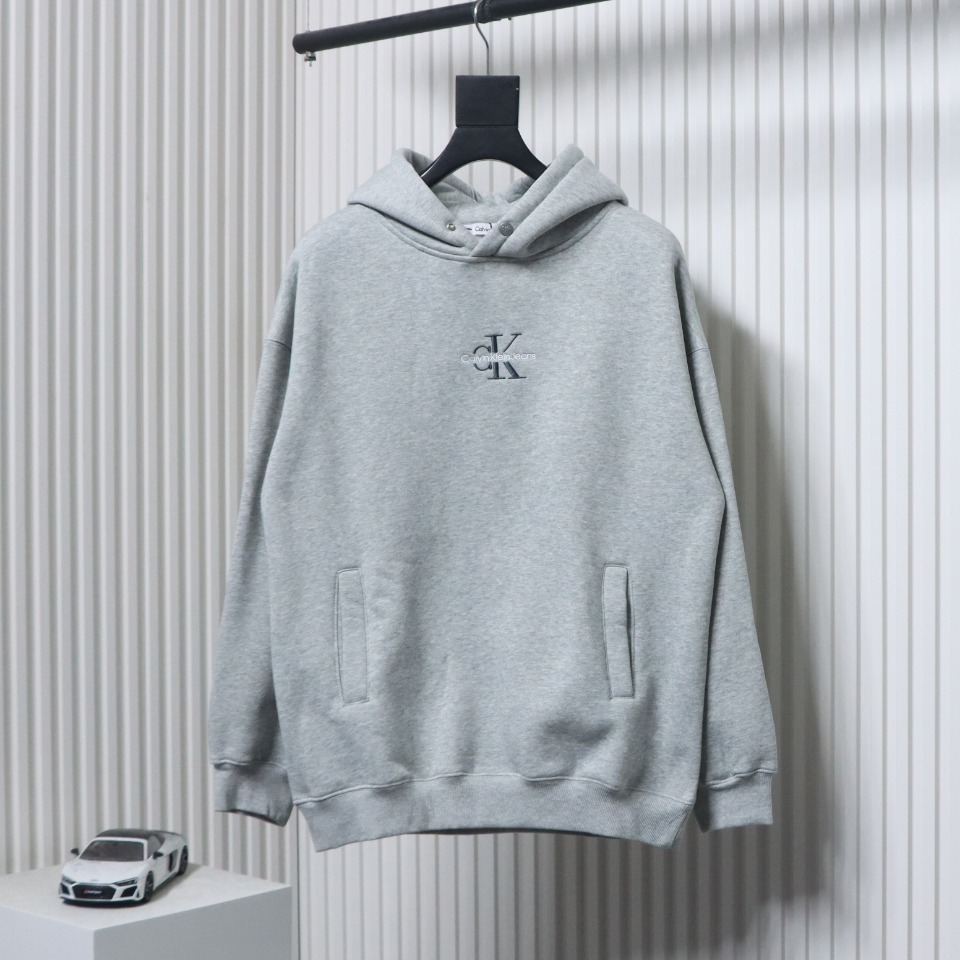 Calvin Klein Small Logo Embroidered Letters Button Hooded Hoodie Grey
