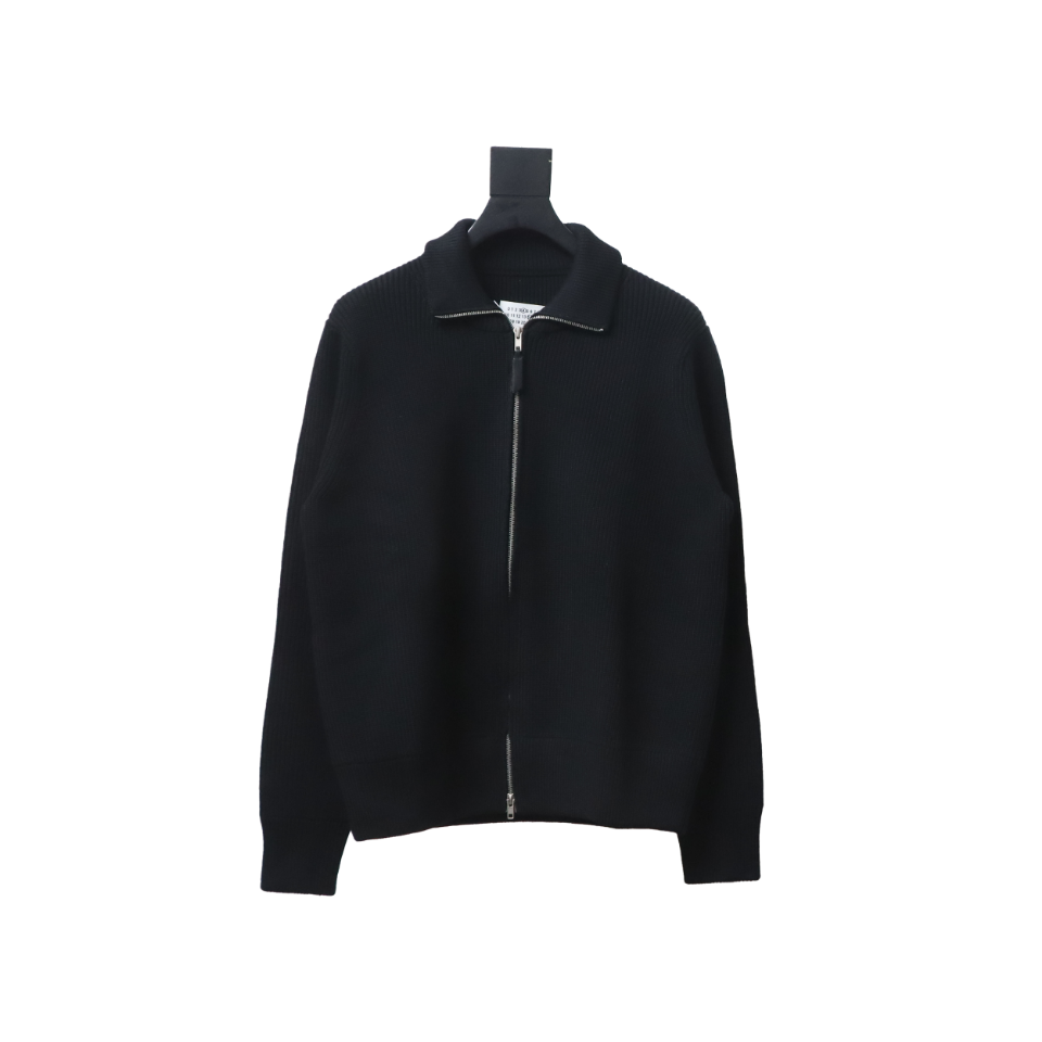 Maison Margiela 23Fw Corner Seam Leather Zipper Cardigan Sweater Black