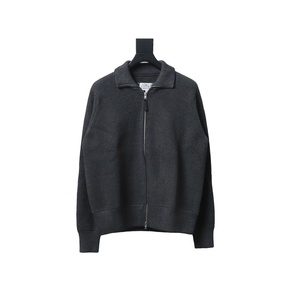 Maison Margiela 23Fw Corner Seam Leather Zipper Cardigan Sweater Grey