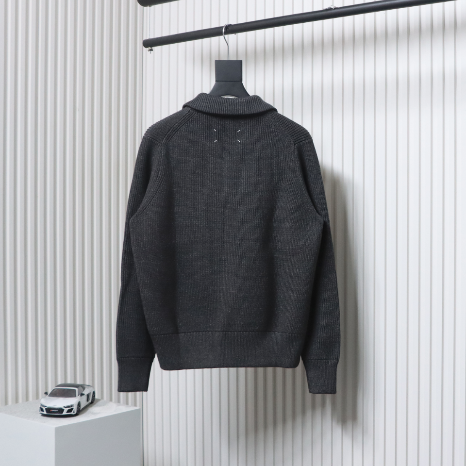 Maison Margiela 23Fw Corner Seam Leather Zipper Cardigan Sweater Grey