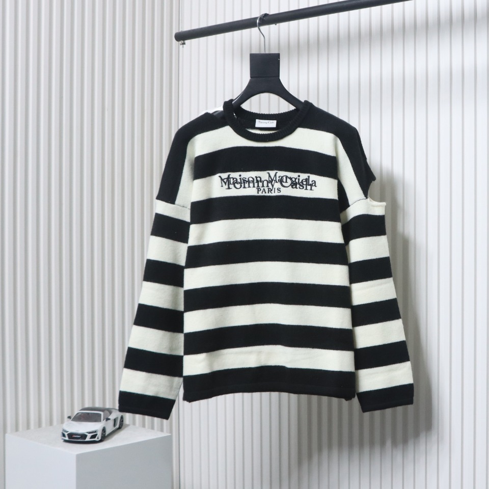 Maison Margiela x Tommy Cash Black And White Striped Letter Embroidered Crew Neck Sweater