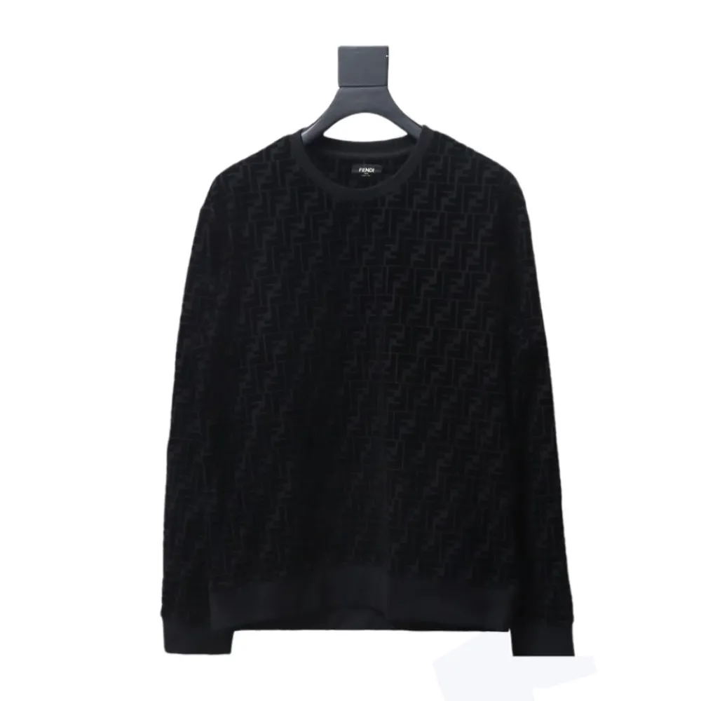 Fendi 22FW Black FF Pique Flocking Long Sleeve Crewneck Hoodie