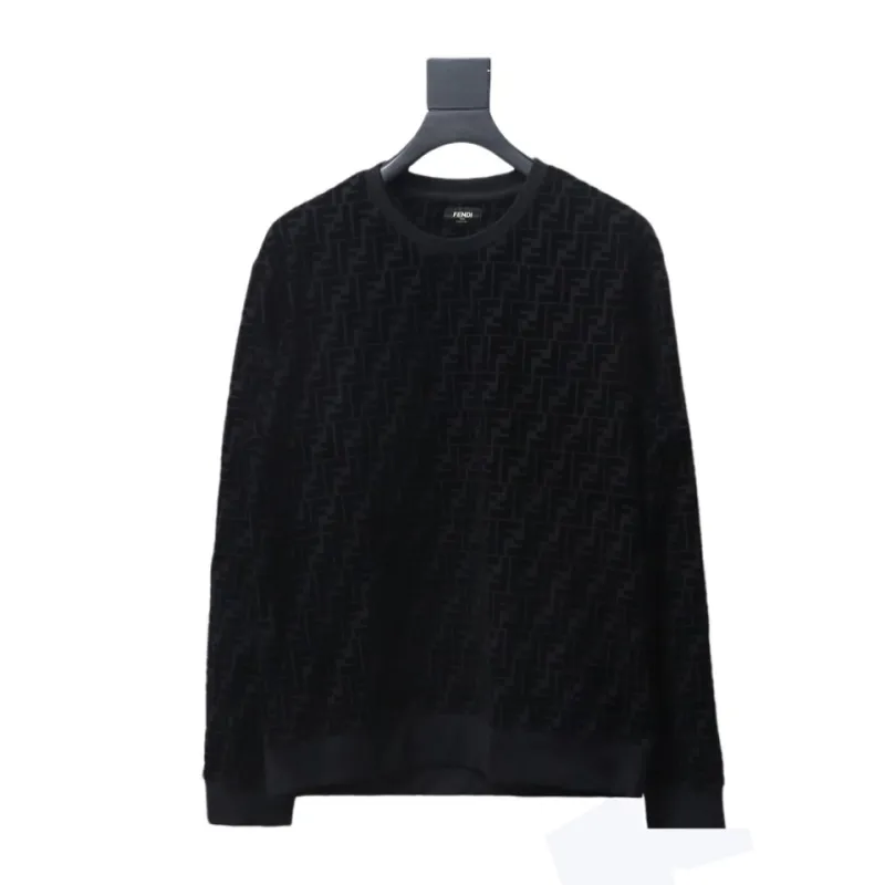 Fendi 22FW Black FF Pique Flocking Long Sleeve Crewneck Hoodie