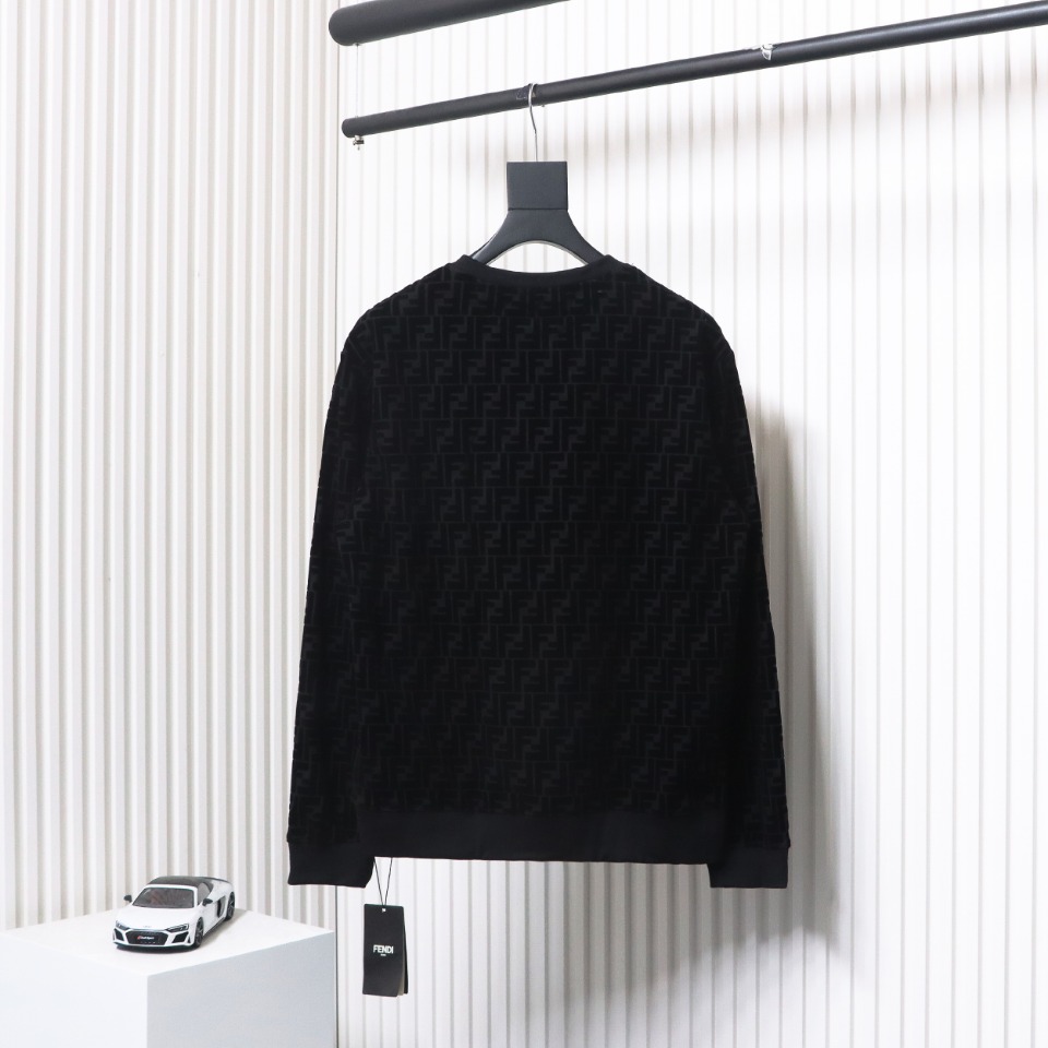 Fendi 22FW Black FF Pique Flocking Long Sleeve Crewneck Hoodie