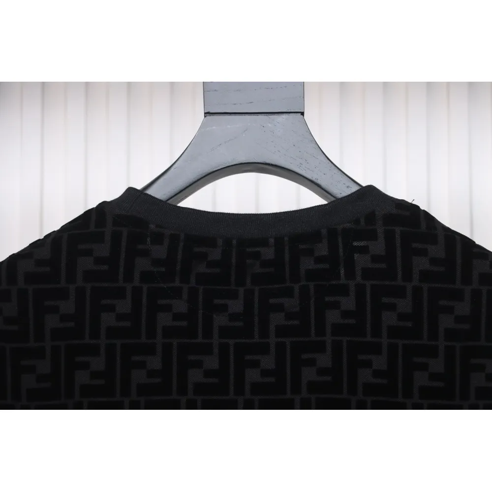 Fendi 22FW Black FF Pique Flocking Long Sleeve Crewneck Hoodie
