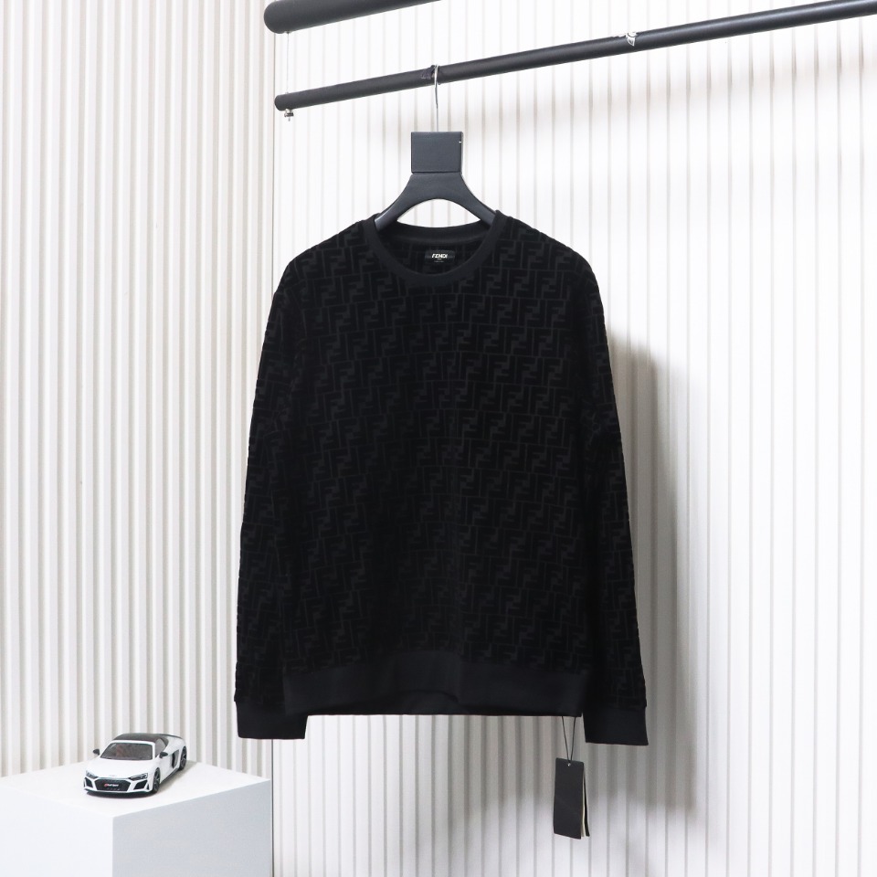 Fendi 22FW Black FF Pique Flocking Long Sleeve Crewneck Hoodie