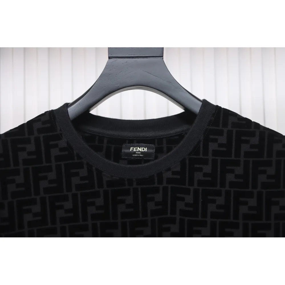 Fendi 22FW Black FF Pique Flocking Long Sleeve Crewneck Hoodie