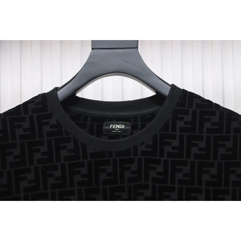 Fendi 22FW Black FF Pique Flocking Long Sleeve Crewneck Hoodie