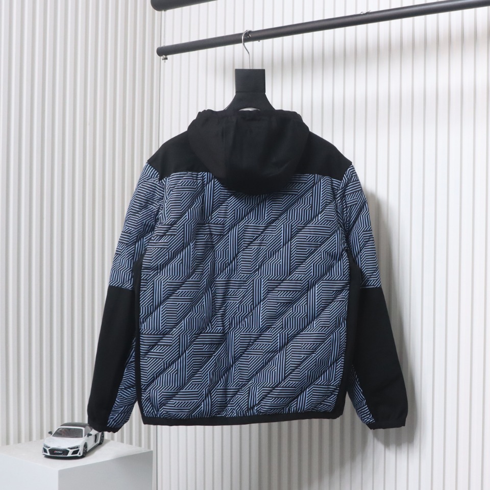 Fendi 23FW Black And Blue All Over Printed FF Nylon Jacket Hooded Cotton Jacket