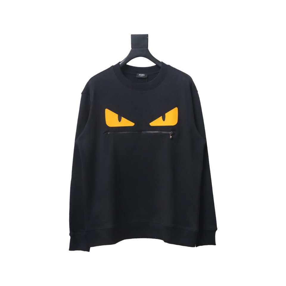 Fendi 24Fw Little Monster Rubber Eyes Zippered Crewneck Hoodie Black