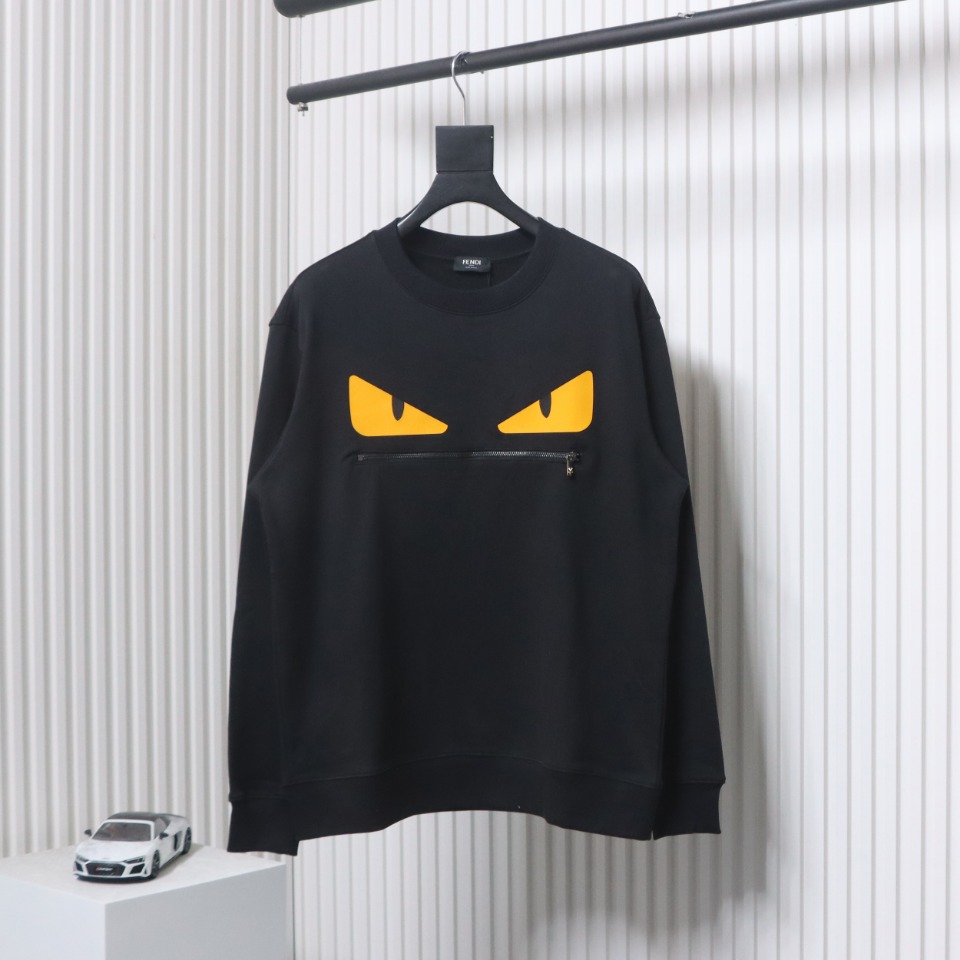 Fendi 24Fw Little Monster Rubber Eyes Zippered Crewneck Hoodie Black