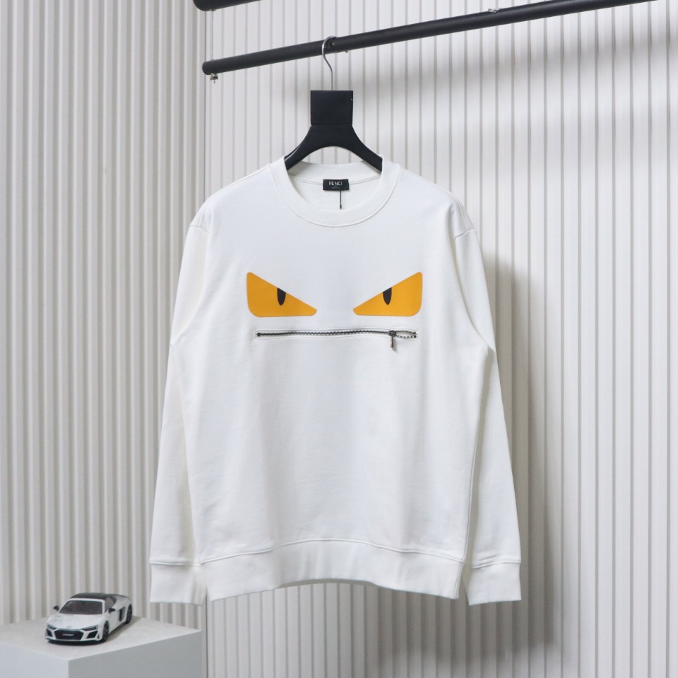 Fendi 24Fw Little Monster Rubber Eyes Zippered Crewneck Hoodie White