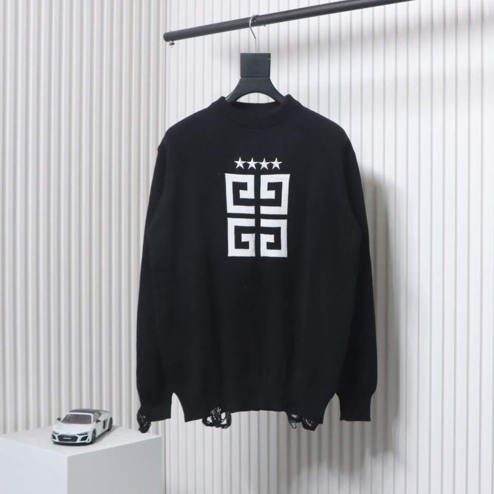 Givenchy Four-Star Alphabet Five-Pointed Star Distressed Crew Neck Sweater