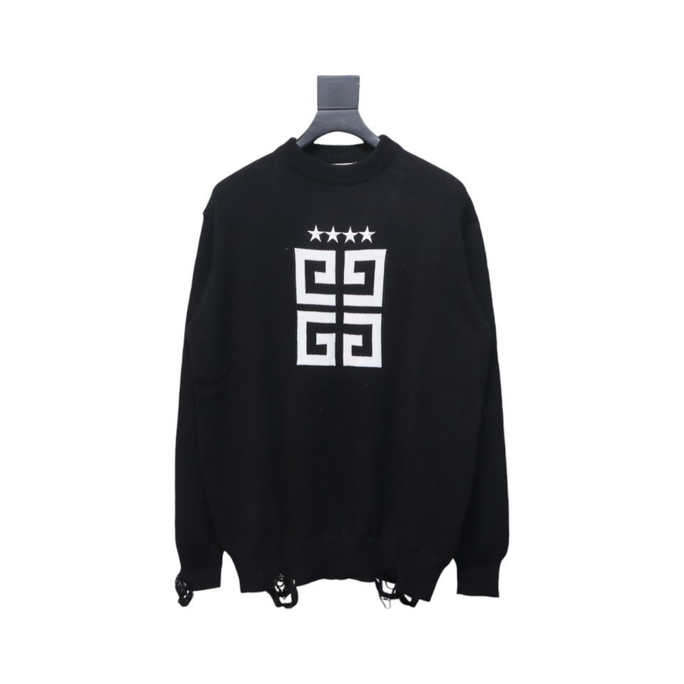 Givenchy Four-Star Alphabet Five-Pointed Star Distressed Crew Neck Sweater