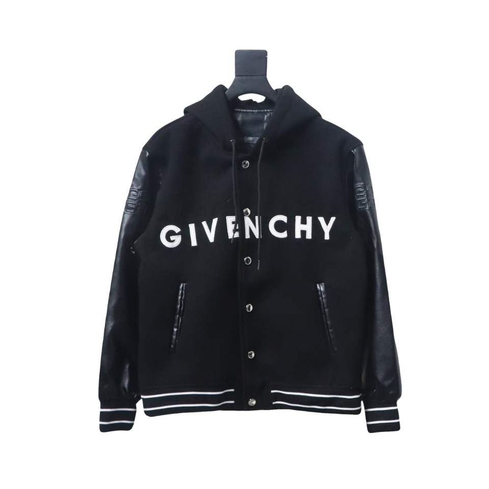Givenchy Three-Dimensional Patchwork Sleeve Hooded Baseball Jacket Black