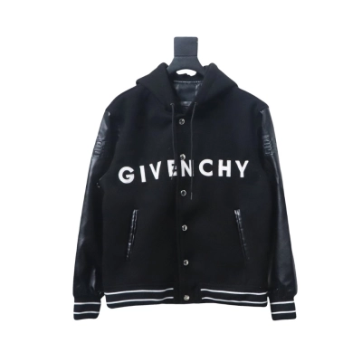 Givenchy Three-Dimensional Patchwork Sleeve Hooded Baseball Jacket Black 01