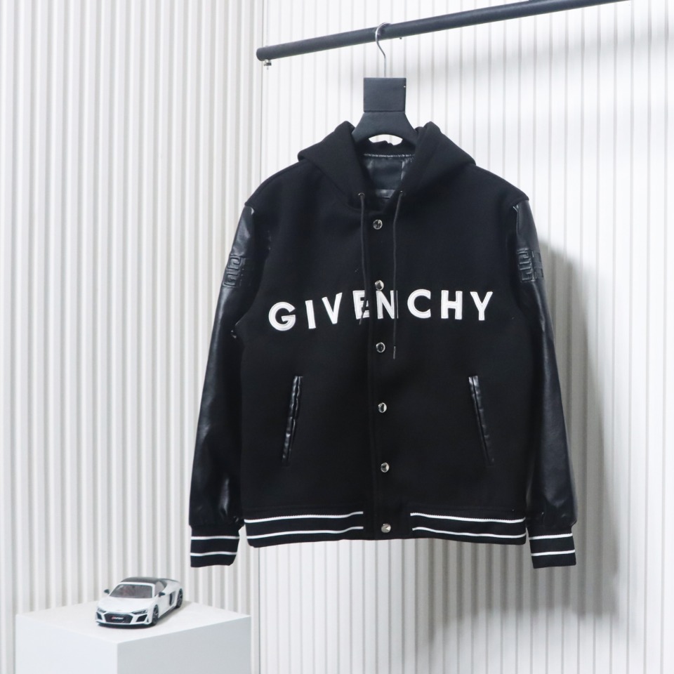 Givenchy Three-Dimensional Patchwork Sleeve Hooded Baseball Jacket Black
