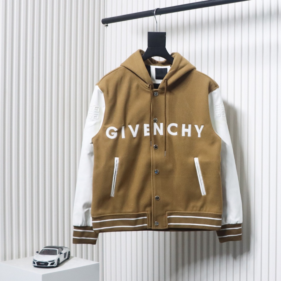Givenchy Three-Dimensional Patchwork Sleeve Hooded Baseball Jacket Brown
