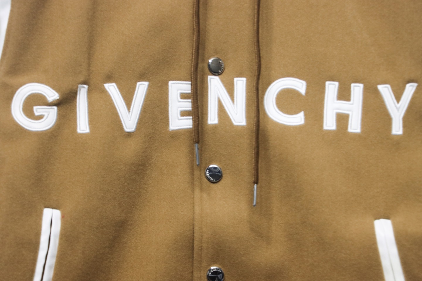 Givenchy Three-Dimensional Patchwork Sleeve Hooded Baseball Jacket Brown